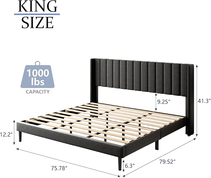 King Size Bed Frame with Wingback Headboard, Upholstered Platform Bed, No Box Spring Needed, Sturdy Wooden Slat Support, Easy Assembly, Dark Gray