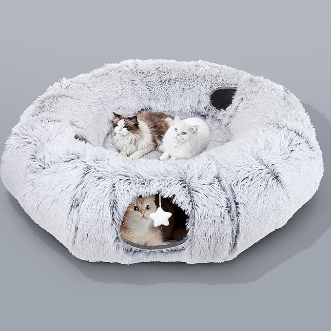 Cat Tunnel Bed for Indoor Cats, XL Christmas Tree Skirts Washable Warm Soft Indoor Cat Donut Tunnel, Multifunctional Cat Interactive Playground Toys for Felines Pet Christmas Tree Decoration