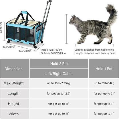 MILADA Large Cat Carrier for 2 Cats, Soft Big Pet Carrier with Wheels, Double Cat Carrier on Wheels, Rolling Pet Carrier for Travel Hiking Shopping and Camping（Not for Air Travel）, Blue
