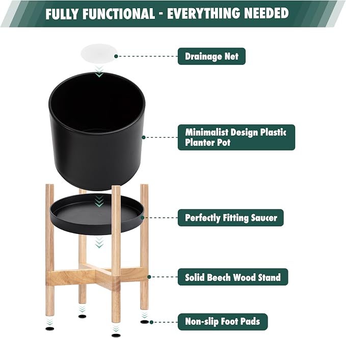 D'vine Dev Plastic Pot with Natural Wood Stand, Black, 10 in, 55-C-M-2 | Mid-Century Inspired Design, Elevated Plant Display, Clean Lines, Sturdy Support, Modern Space-Saving Style
