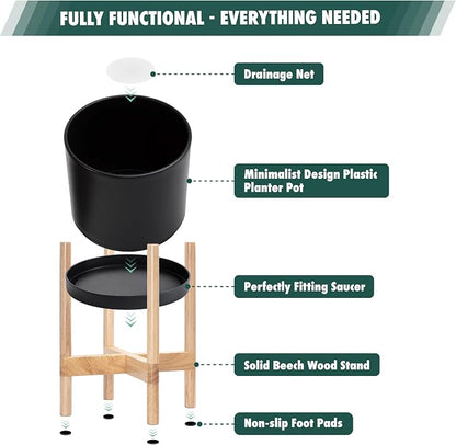 D'vine Dev Plastic Pot with Natural Wood Stand, Black, 12 in, 55-C-P-2 | Mid-Century Inspired Design, Elevated Plant Display, Clean Lines, Sturdy Support, Modern Space-Saving Style