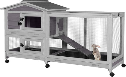 Large Rabbit Hutch Indoor Outdoor, Wooden Rabbit Cage with Wheels, 62'' Mobile Bunny Cage with Chew-Proof Ramp, Pull-Out Tray, Waterproof Roof, Guinea Pig Habitat (Grey)