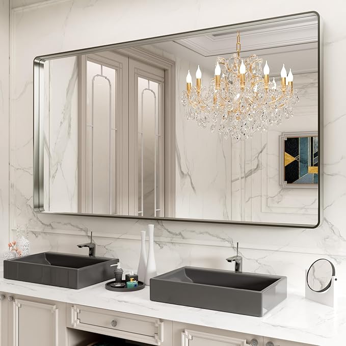 LOAAO 77X36 Inch Brushed Nickel Bathroom Mirror, Rounded Rectangle Silver Metal