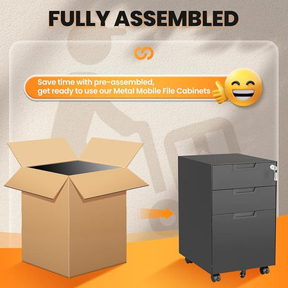 3 Drawer File Cabinet with Lock, Fully Assembled Metal Mobile Filing Cabinets