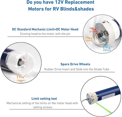Rollerhouses DM25DS 12V RV Electric Roller Shade Replacement Motor RV Motorized