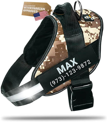 Personalized Dog Harness with Custom Name Patches, Adjustable Reflective No Choke Dog Vest with Handle for Large Dogs, Military Desert, L