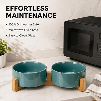 SPUNKYJUNKY Ceramic Dog and Cat Bowl Set with Wooden Stand, Modern Cute Weighted Food Water Set for Small Size Dogs (13.5OZ) & Medium Sized Dogs (28.7OZ) & Cats (3.6 Cups, 2 × Light Green)