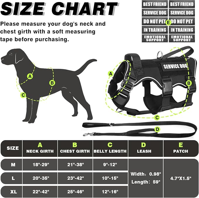 Tactical Service Dog Vest and Leash Set,Heavy Duty Harness with Metal Buckles for Medium Sized Dogs,Adjustable No Pull Pet Vest with Patches for Training Working,Black M
