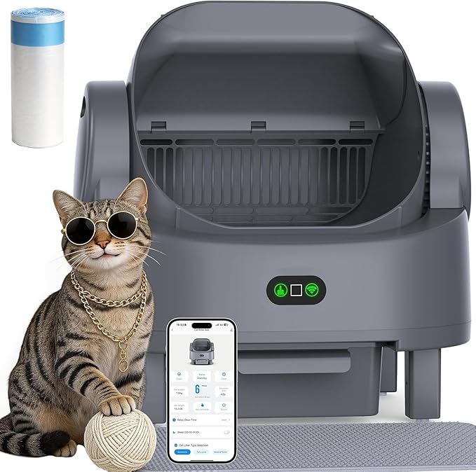 Automatic Litter Box, Open Top Large Self Cleaning Cat Litter Box for Multiple Cats, with APP Control/Multiple Safety Sensors/Trash Bag/Litter Mat, Cat Box Automatic Cleaning