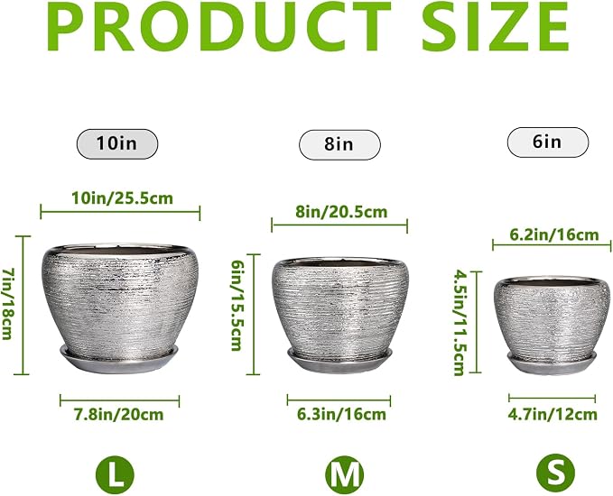 Ceramic Planters - 10 Inch 8 Inch 6 Inch Plant Pots Indoor with Drainage Holes and Saucer Mid-Century Large Planters Outdoor Flower Pots for Home Decor Set of 3 Silver