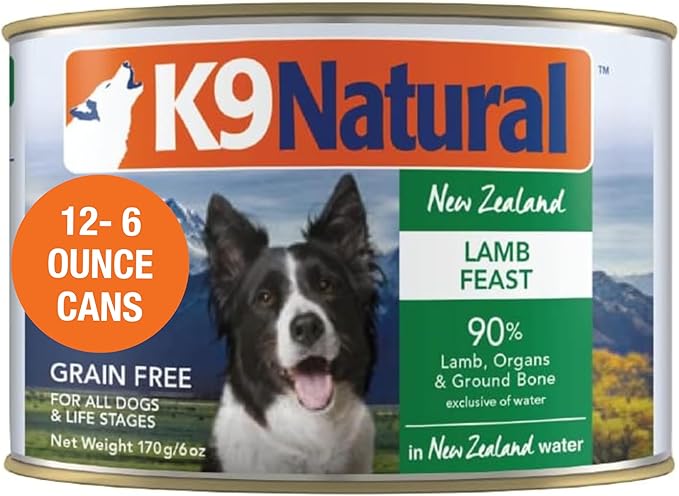 K9 Natural Wet Dog Food Pate, Lamb Feast, 6 Oz Cans (Pack of 12), Grain Free, Made in New Zealand with Grass-Fed, Free-Range Lamb, Single Source, Limited Ingredient