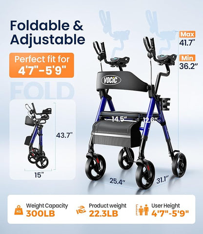VOCIC Walkers for Seniors, Upright Walker with Adjustable Armrests, Z22 GelCool Stand Up Walker with Ergo Seat & Backrest, 8" All Terrain Rollator with 300lb,Cup& Cane Holder