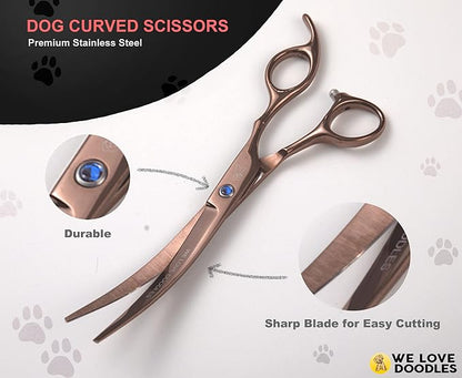 We Love Doodles Medium Curved Slicker Brush and Scissors Kit- Soft Pin Goldendoodle Brush and Dog Scissors - for Dematting & Shedding - Made in USA