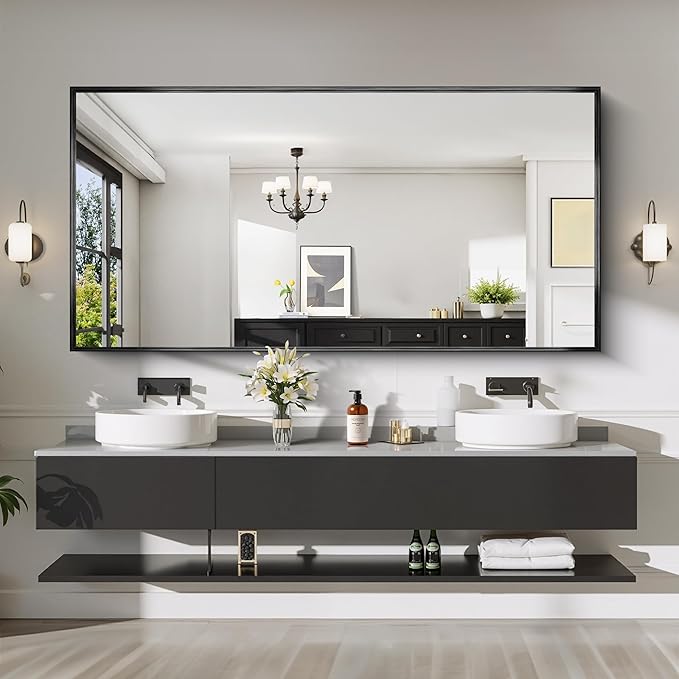 CIRCUMI Black Bathroom Mirror, Brushed Finish, Tempered Glass, Large Mirror