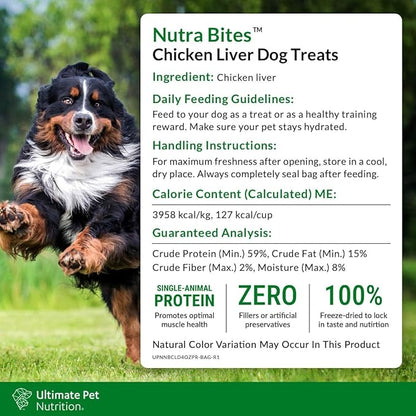 ULTIMATE PET NUTRITION Nutra Bites Freeze Dried Raw Single Ingredient Training Treats Food Topper for Dogs, 4 Ounces, Chicken Liver