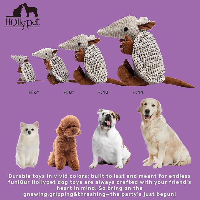 Hollypet Plush Dog Squeaky Toy Stuffed Armadillo Animal Pet Puppy Chew Toys with Clean Teeth for Small Medium Large All Breed Sizes Dogs, Gray, 8 in