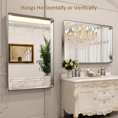 LOAAO 55X36 Inch Brushed Nickel Bathroom Mirror, Rounded Rectangle Silver Metal