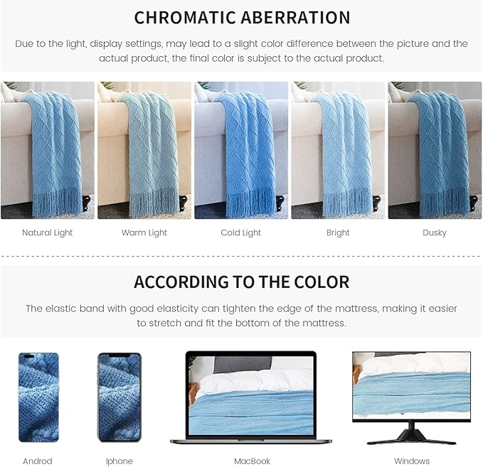 BOURINA Blue Throw Blanket 50x60 Inches Throw Textured Solid Soft Sofa Couch Decorative Knit Blanket