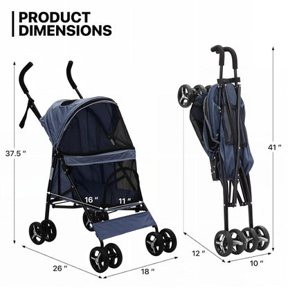 MoNiBloom 4 Wheels Pet Stroller, Easy-Fold Puppy Cage Jogger Stroller with Sun Cover, Pad and Rear Storage Bag, Breathable and Visible Mesh for Small/Medium Pets up to 22 lbs, Navy Blue