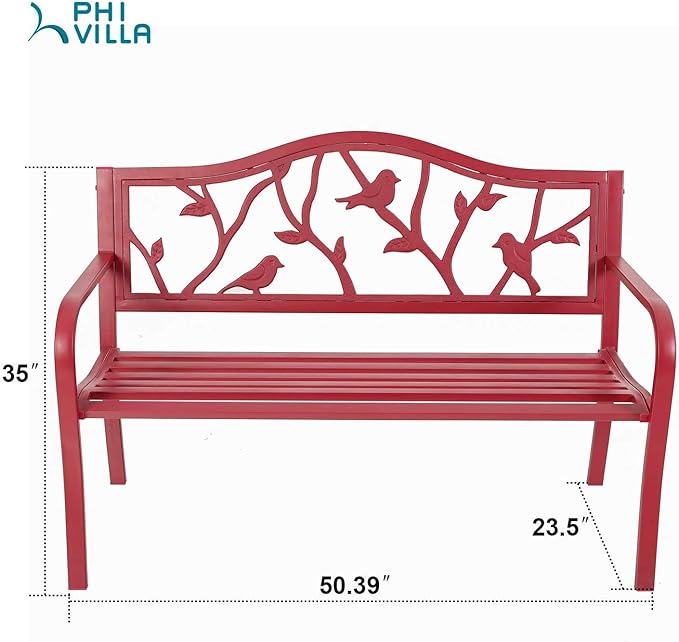 PHI VILLA Outdoor Patio 50" Metal Park Bench Red, Steel Frame Bench with Backrest and Armrests for Porch, Patio, Garden, Lawn, Balcony, Red Bird