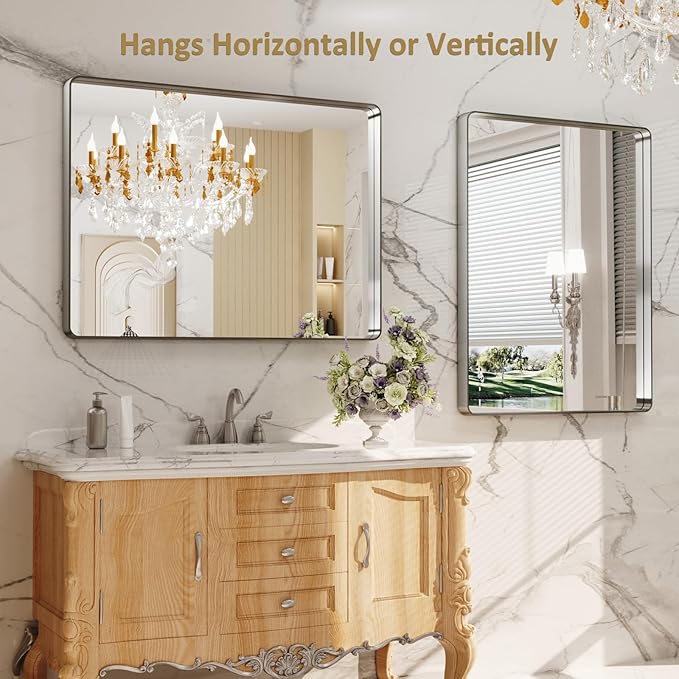 LOAAO 40X32 Inch Brushed Nickel Bathroom Mirror, Rounded Rectangle Silver Metal