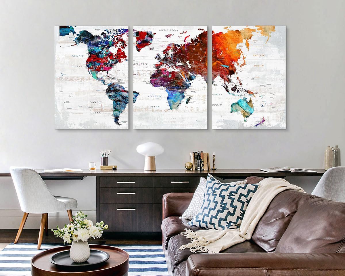Elixart Modern Wall Art Canvas Pictures for Living Room Wall Decoration Red Orange Wall Decor for Bedroom Home Office Decor for Women Graffiti Map Paintings