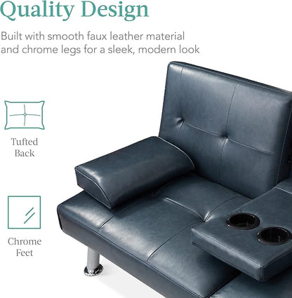 Best Choice Products Faux Leather Upholstered Modern Convertible Futon, Adjustable Folding Sofa Bed, Guest Bed w/Removable Armrests - Blue