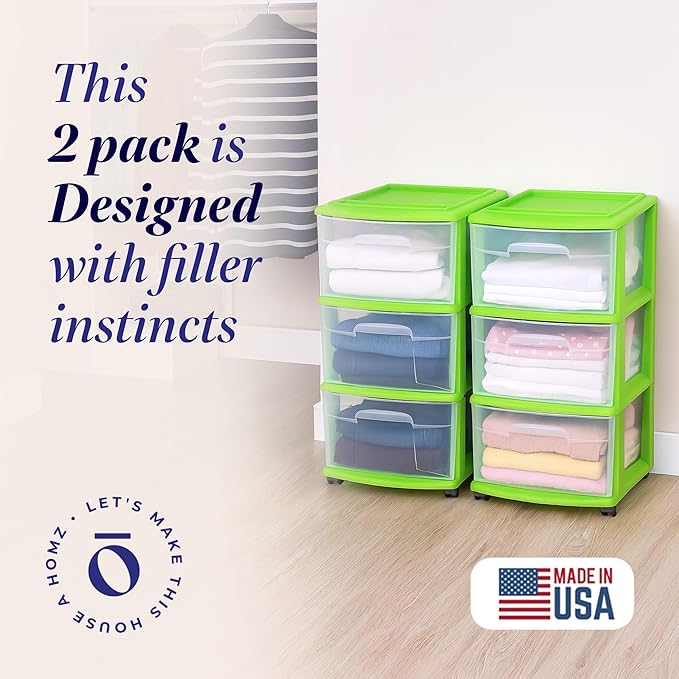 HOMZ 2-Pack Drawer Tower, 3-Tier Clear Plastic Storage Organizer Cart, Bold