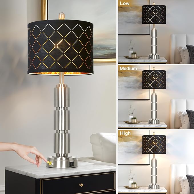Set of 2 Modern Table Lamps for Living Room Bedroom,29" Tall Bedside Lamp with 2 USB Port,Silver Metal Touch Nightstand Lamp for Desk End Side Table Entryway,Silver