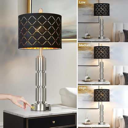 Set of 2 Modern Table Lamps for Living Room Bedroom,29" Tall Bedside Lamp with 2 USB Port,Silver Metal Touch Nightstand Lamp for Desk End Side Table Entryway,Silver