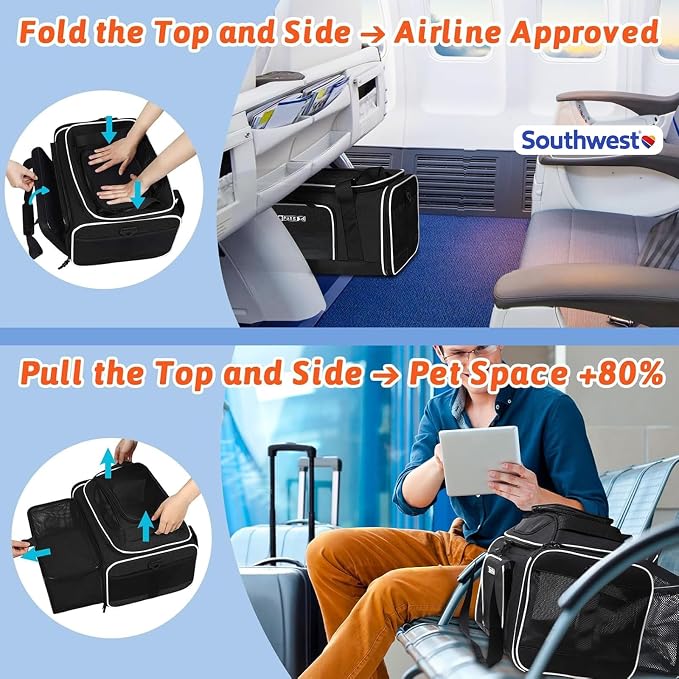 Petskd Top and Side Expandable Pet Carrier 18x13x9.5 Inches Southwest Airline Approved, Soft-Sided Carrier for Small Cats and Dogs with Locking Safety Zippers and Anti-Scratch Mesh(Black)