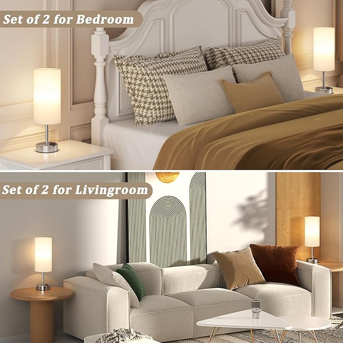 Bedside Table Lamps for Bedroom Set of 2 - Touch Lamp for Nightstand with USB-A+C Charging Ports - 3 Way Dimmable Small Desk Lamp White for Office, Dorm Room, Living Room, Reading, Nursery
