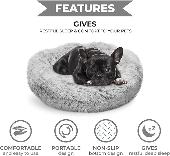 Whiskers & Friends Cat Bed Dog, Cat Beds for Indoor Cats Washable, Orthopedic Soft Fluffy Round Calming Pet Bed for Small to Large Kitty Kittens & Dogs, Small Dog Beds & Furniture