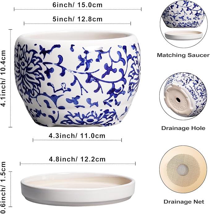 SQOWL 6 Inch Planter - Ceramic Plant Pots Indoor with Drainage Hole and Saucer, Round Ceramic Flower Pot Outdoor, Porcelain Decorative Planter, Backyard Decor, Gifts for Plant Lovers, Blue and White