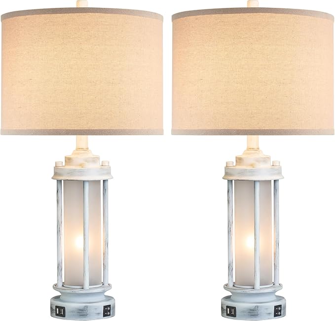 25" Rustic Table Lamps Set of 2, Vintage Nightstand Lamps with 2 USB Ports, Farmhouse Antique White Desk Lamp with Glass Night Light for Living Room Bedroom Dorms, 4 Bulbs Included