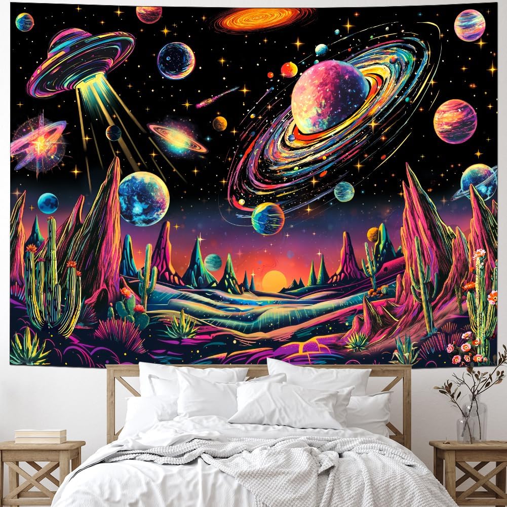 Tushelia Blacklight Galaxy Space Tapestry Neon Planet UFO Tapestries UV Reactive Cactus Mountain Wall Decor Black Light Starry Night Sky Tapestry Wall Hanging for Bedroom