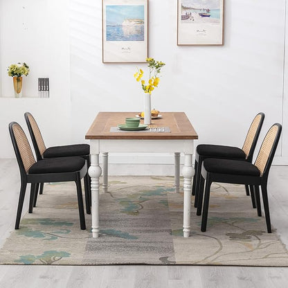 DUOMAY Mid-Century Modern Rattan Dining Chairs Set of 8, Wooden Dining Room Chair with Cane Backrest and Padded Seat, Black Sherpa Upholstered Dining Chair, Black Finish