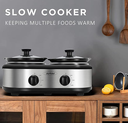 Sunvivi Dual Pot Slow Cooker, 2 Pot Small Mini Crock Buffet Server and Warmer
