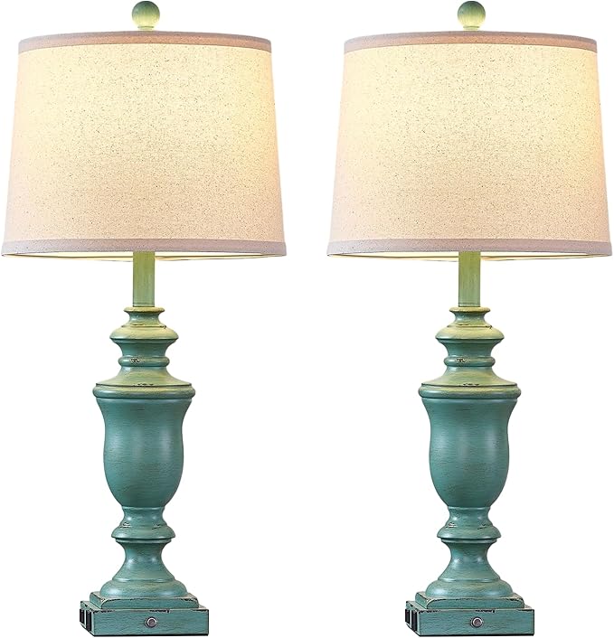 27.5" Set of 2 Farmhouse Table Lamps for Bedroom, 3 Way Dimmable Bedside Lamp with 2 USB +AC Outlet Nightstand Lamps for Living Room Resin Rustic Touch Lamps (Antique Green)