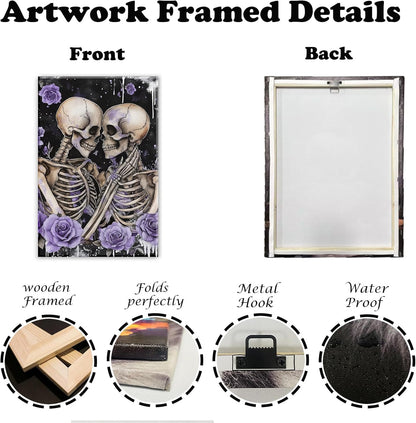 Skull Canvas Wall Art Couple Skeleton Holding Each Other Picture Art Poster Abstract Lover Painting Modern Artwork Horrible Halloween Decor(Artwork-2,28"x42")