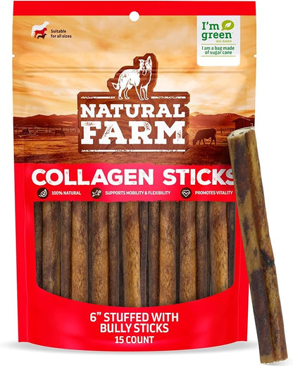 Natural Farm Bully Sticks Stuffed Collagen Sticks for Dogs (6 Inch, 15-Pack), Rawhide-Free Collagen Sticks, Natural Dog Chews, Long Lasting, for Small, Medium and Large Dogs, Great Rawhide Alternative