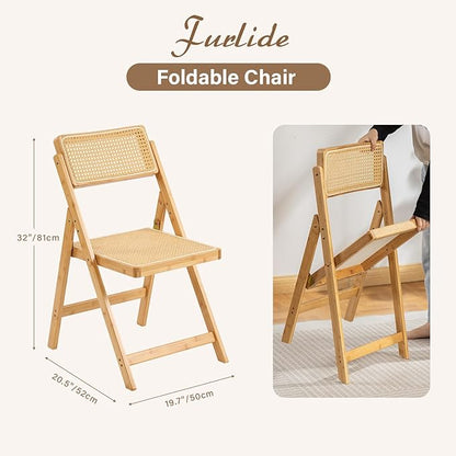 Furlide Rattan Folding Chairs, Modern Mid Century Dining Chairs Set of 2, Outdoor Bamboo Chair for Bedroom Living Room Reading Room Dining Kitchen, Wood