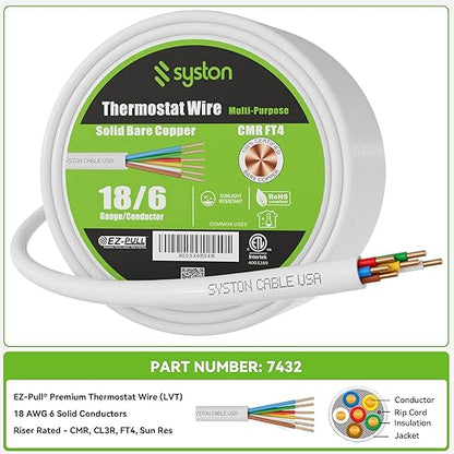 Syston 18/6 Thermostat Doorbell HVAC Heating Control Cable Wire, 100% Solid