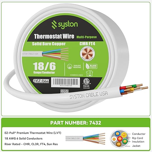 Syston 18/6 Thermostat Doorbell HVAC Heating Control Cable Wire, 18 AWG 6
