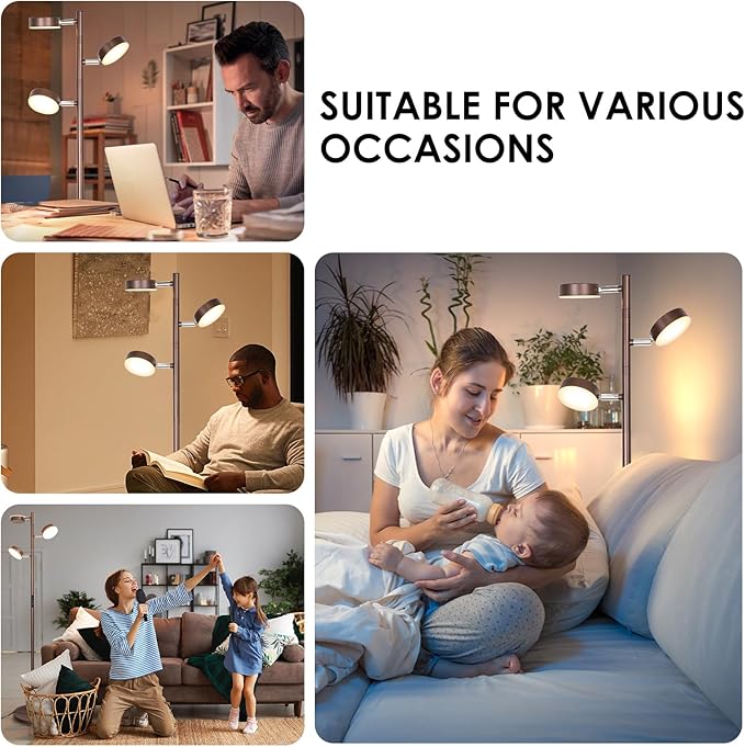 Dimmable LED Floor Lamp with Remote Modern Tall Standing Lamp with 3 Adjustable Heads Light Touch Control 4 Color Temperatures Timer Tree Floor Lamps for Living Room Bedroom Office Reading, Brown