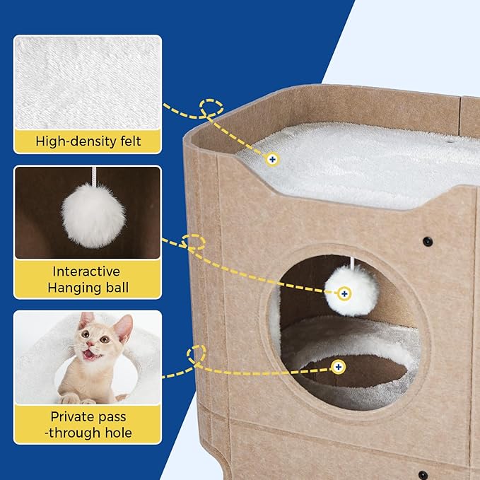 Cat House for Indoor Cats Large Cat Bed Cave 2-Storey Cats Condo with Cozy Felt Covered Hideaway for Multiple Pets Beige