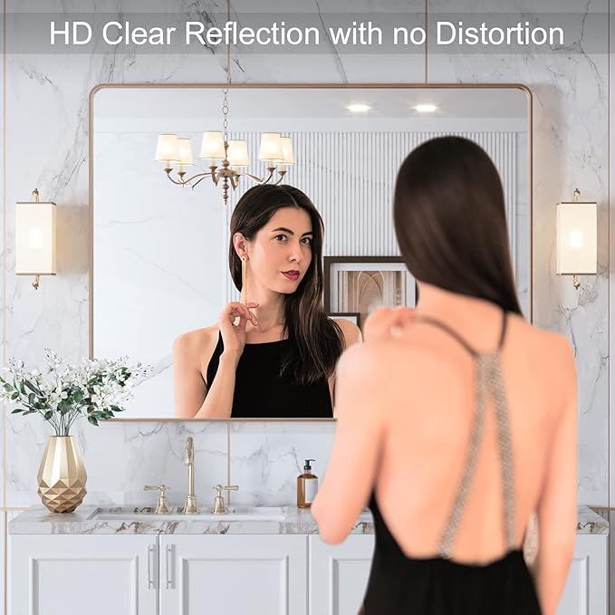 LOAAO 40”X30” Gold Bathroom Mirror, Rounded Rectangle Gold Frame Mirror