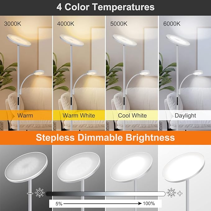 OUTON LED Floor Lamp, 27W/2400LM Torchiere Lamp & 7W/ 400LM Reading Lamp, Bright Dimmable Standing Tall Lamp with 4 Color Temperature, Remote Touch Control for Living Room Bedroom Office, Silver Grey
