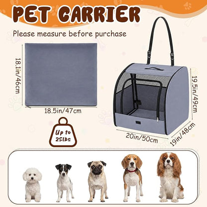 Dog Car Crate, Enclosed Foldable Cat Car Seat Carrier, 20x19x19.5in, Gray | Portable Dog Cat Carrier with Seatbelt Attachment & Headrest Strap, Soft-sided Pet Kennel with Bed for Pet Travel up to 25 lb