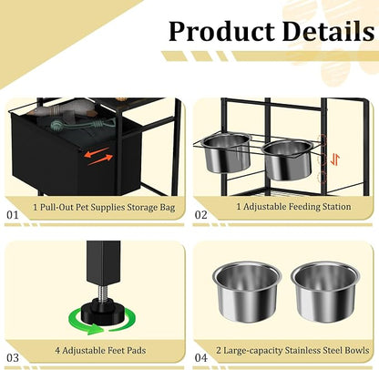 Raised Dog Bowl Stand with Storage Basket and Shelves, Height Adjustable | Dog Feeding Station with Pet Storage Organizer for Small Medium Large Dogs Cats, Black